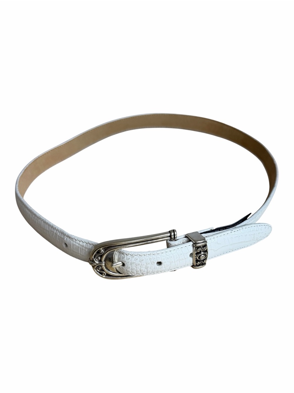 Vtg Brighton Silver Buckle White Crocodile Print Belt Size M 30 Style# B3102 USA